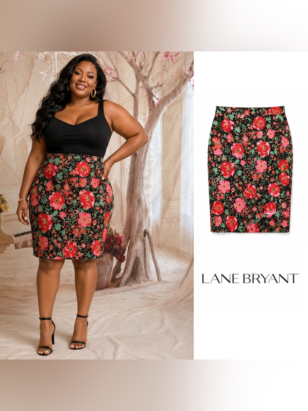 NEW Lane Bryant Black Floral Pencil Skirt with Red and Pink Blooms